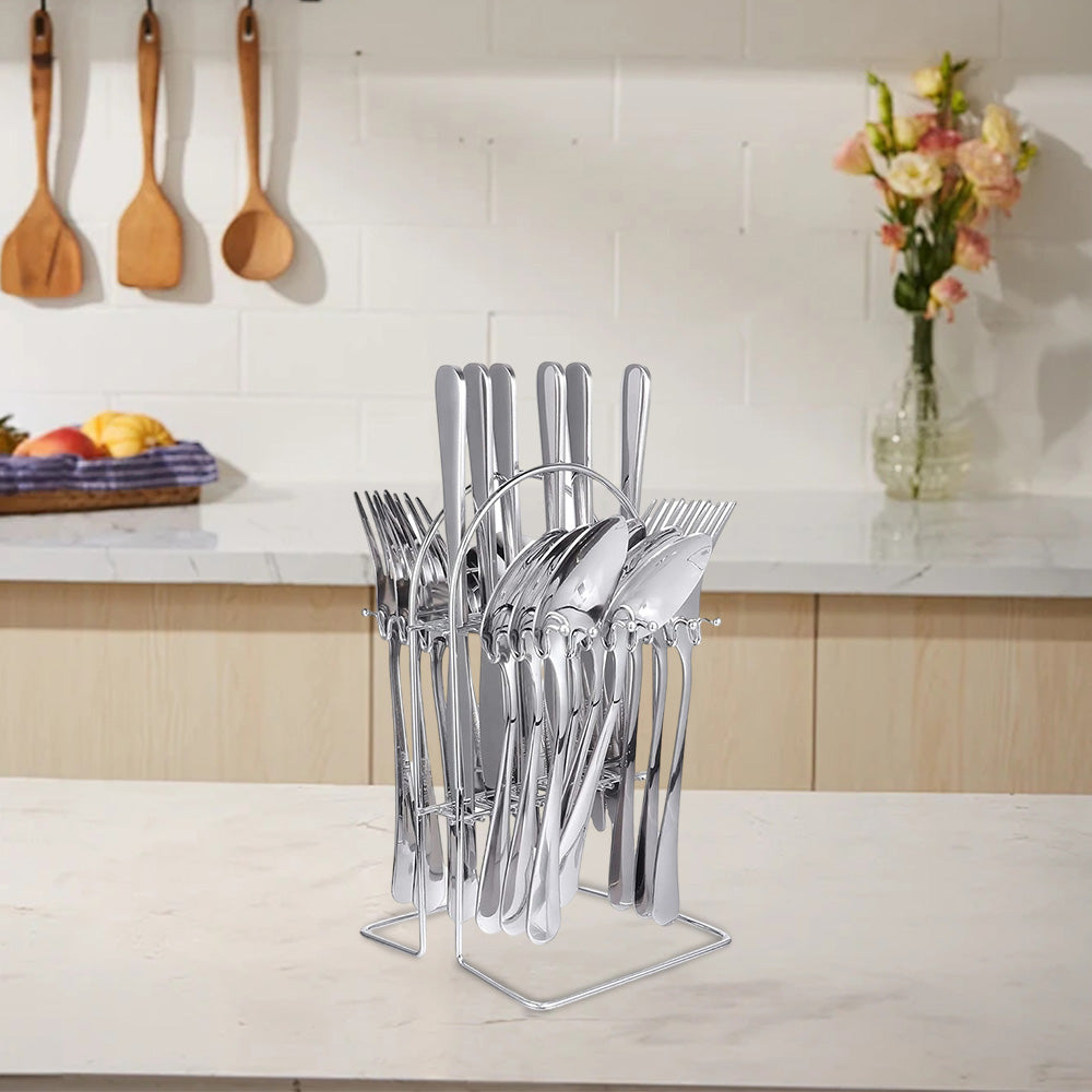 Wholesale gogosourcing 24 Piece Hanging Cutlery Set, Stand and Tray, Stainless Steel Knife, Fork and Spoon, Serves 6 with DDP shipping and customization