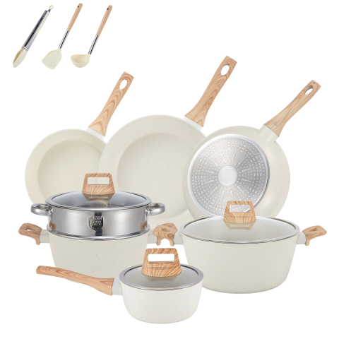Wholesale gogosourcing 12pcs White Non-stick Pots and Pans Set,Granite Induction Cookware Set with DDP shipping and customization