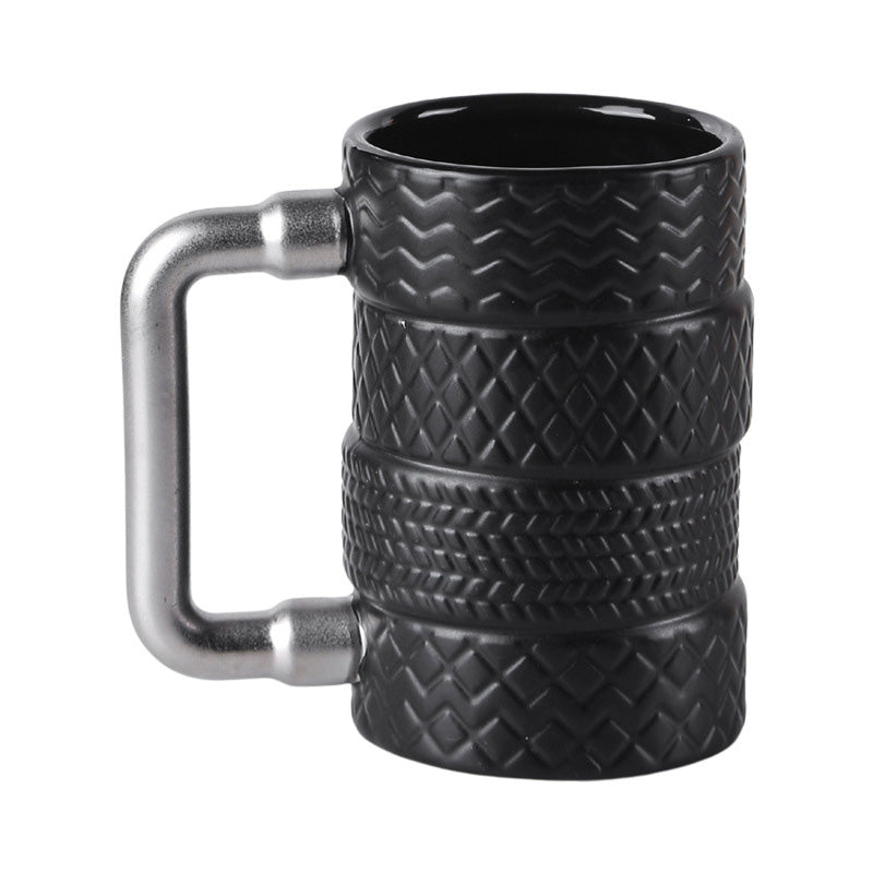 Wholesale gogosourcing 3D Cool Black Tyre Tire Shaped Frosted Ceramic Mug Large Coffee Tea Cup Unique Gifts Car Fans 14 oz with DDP shipping and customization