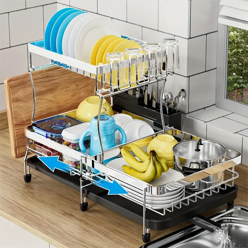 Wholesale gogosourcing 2 Tiers Dish Rack, Stainless Steel Expandable Dish Drying Rack, Glass Holder And Utensil Holder with DDP shipping and customization