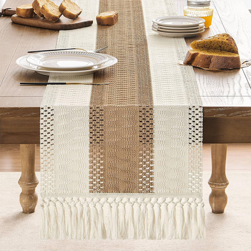 Wholesale gogosourcing 12 x 71 Inch Macrame Style Bicolor Stitching Table Runner, Boho Neutral Table Runners, Farmhouse Woven Home Decor with DDP shipping and customization