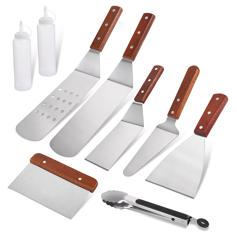 Wholesale gogosourcing Stainless Steel Griddle Spatula Set, Ergonomic 45° Angled Structure For Professional Griddle Accessories, Multipurpose Tools With Wooden Riveted Handle with DDP shipping and customization