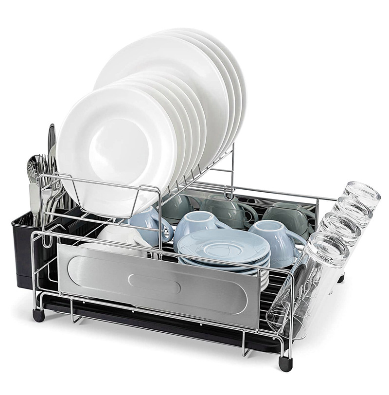 Wholesale gogosourcing 2 Tier 304 Stainless Steel Dish Drainer with Removable Drip Tray Cutlery Holder Cup Holder Draining Board Anti-Rust Kitchen Dish Drying Rack with DDP shipping and customization