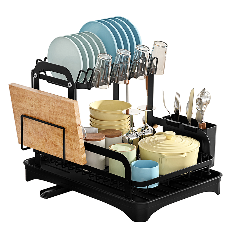 Wholesale gogosourcing Dish Drying Rack Large Capacity 2 Tier Dish Drying Rack Multifunctional Rustproof Dish Drainers for Kitchen Counter with Drainboard Leak-Proof Spout,Large Utensil Holder, Cup Holder, Black with DDP shipping and customization
