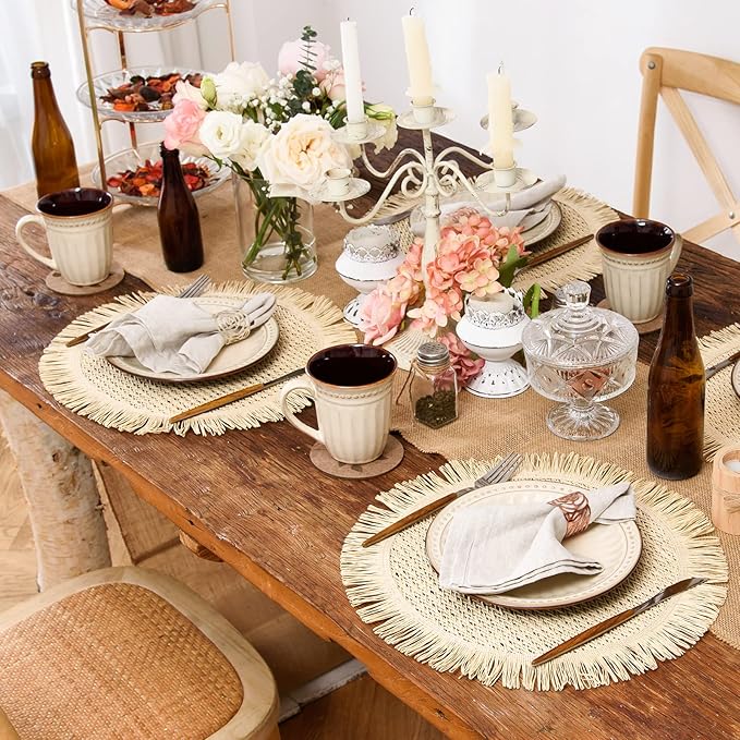 Wholesale gogosourcing 15 Inch Paper Round Braided Placemats with Tassel Heat Resistant Table Mats Farmhouse Woven Fabric Natural Place Mats with DDP shipping and customization