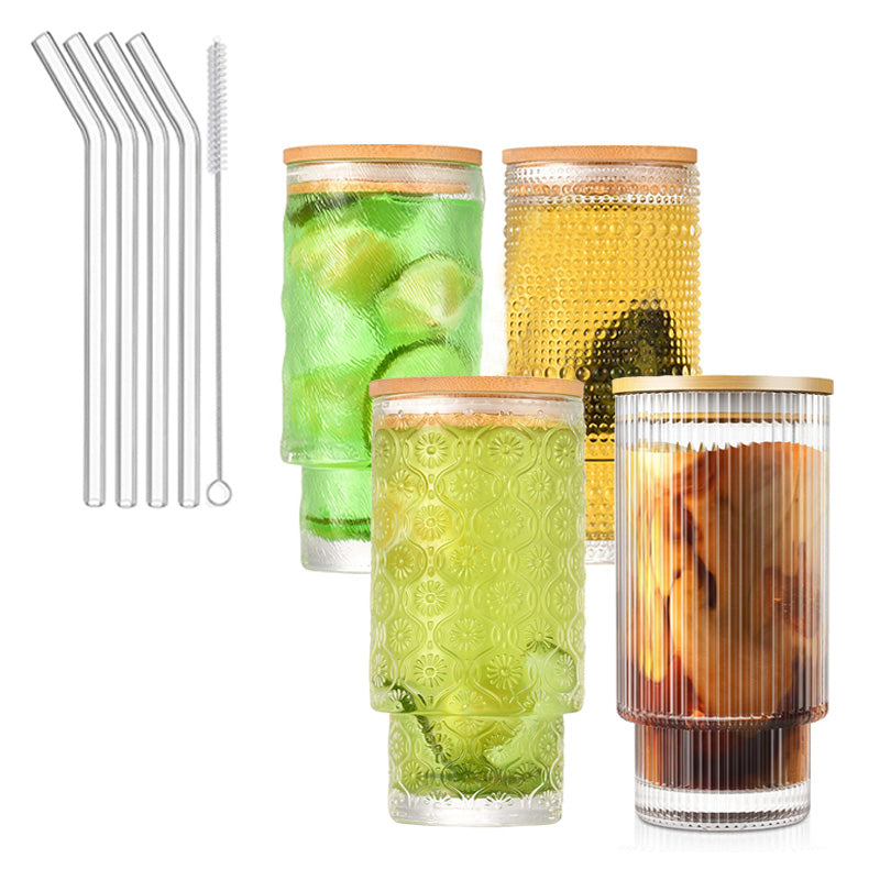 Wholesale gogosourcing Wholesale 12OZ Glass Cups with Lids and Straws, Vintage Ribbed Glassware for Whiskey Cocktail Beer, Iced Coffee Cups for Gifts (4 PACK) with DDP shipping and customization