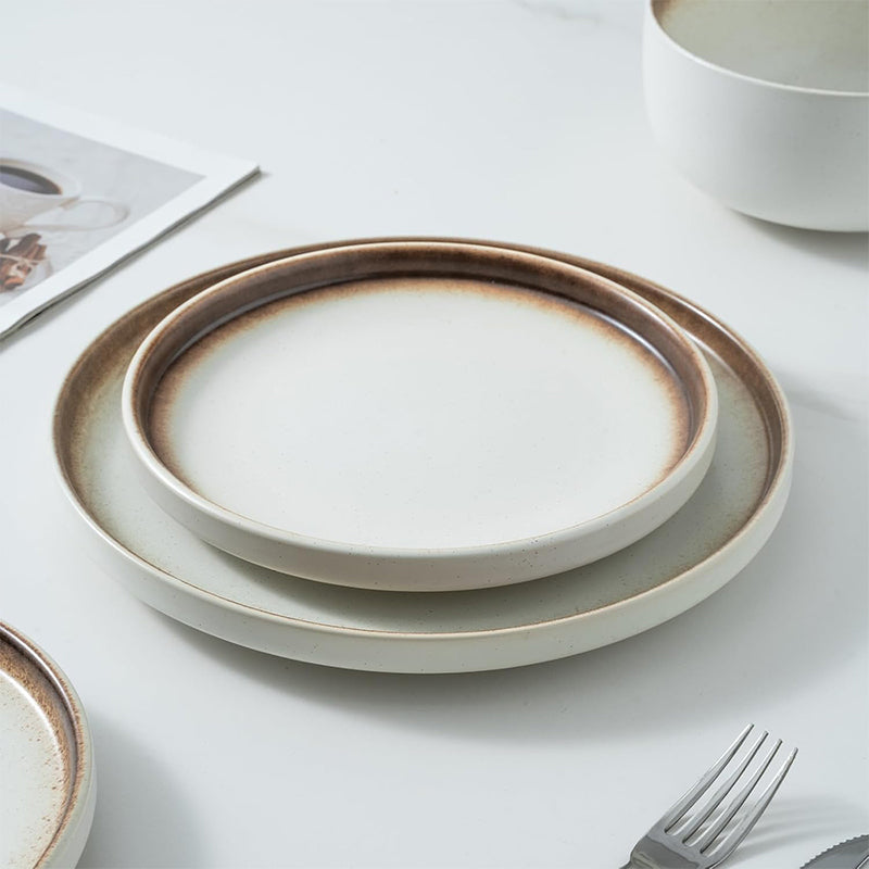 Wholesale gogosourcing 8'', 10'' Ceramic Flat Plates, Salad Appetizer Plate Microwave, Oven, and Dishwasher Safe, Scratch Resistant, Dark Golden Rim with DDP shipping and customization