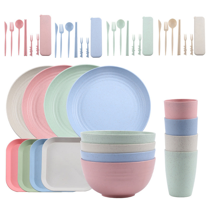 Wholesale gogosourcing Unbreakable Wheat Straw Dinnerware Sets of 4, Lightweight Bowls with Plates, Cups, Knives, Forks and Spoons with DDP shipping and customization