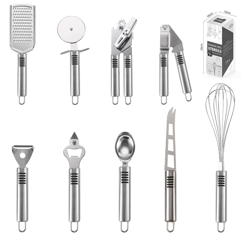 Wholesale gogosourcing 9 PCS Kitchen Utensils Set Stainless Steel Can Opener Cheese Grinder Tool Set with DDP shipping and customization