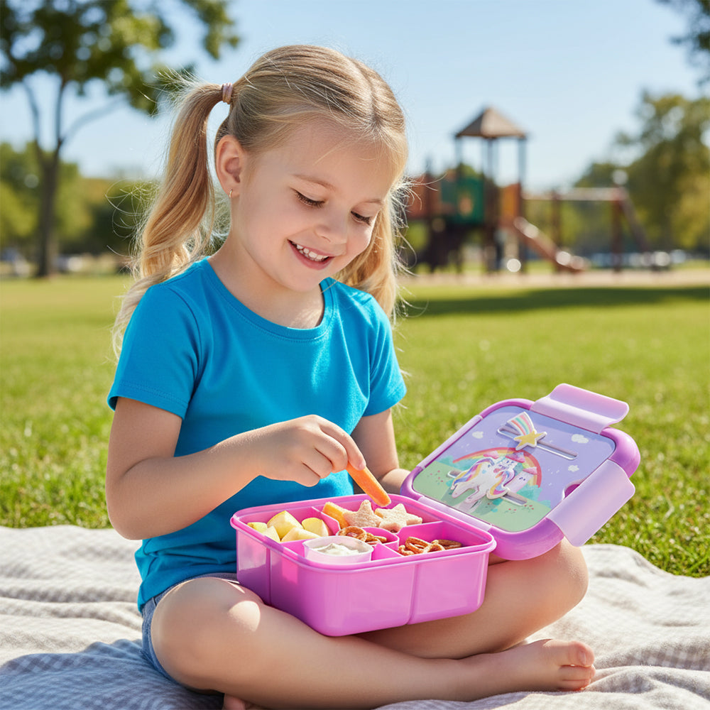 Bulk Kids Leak Proof 3-Compartment Bento Lunch Box with Cute Print Designs & Sliding Toys