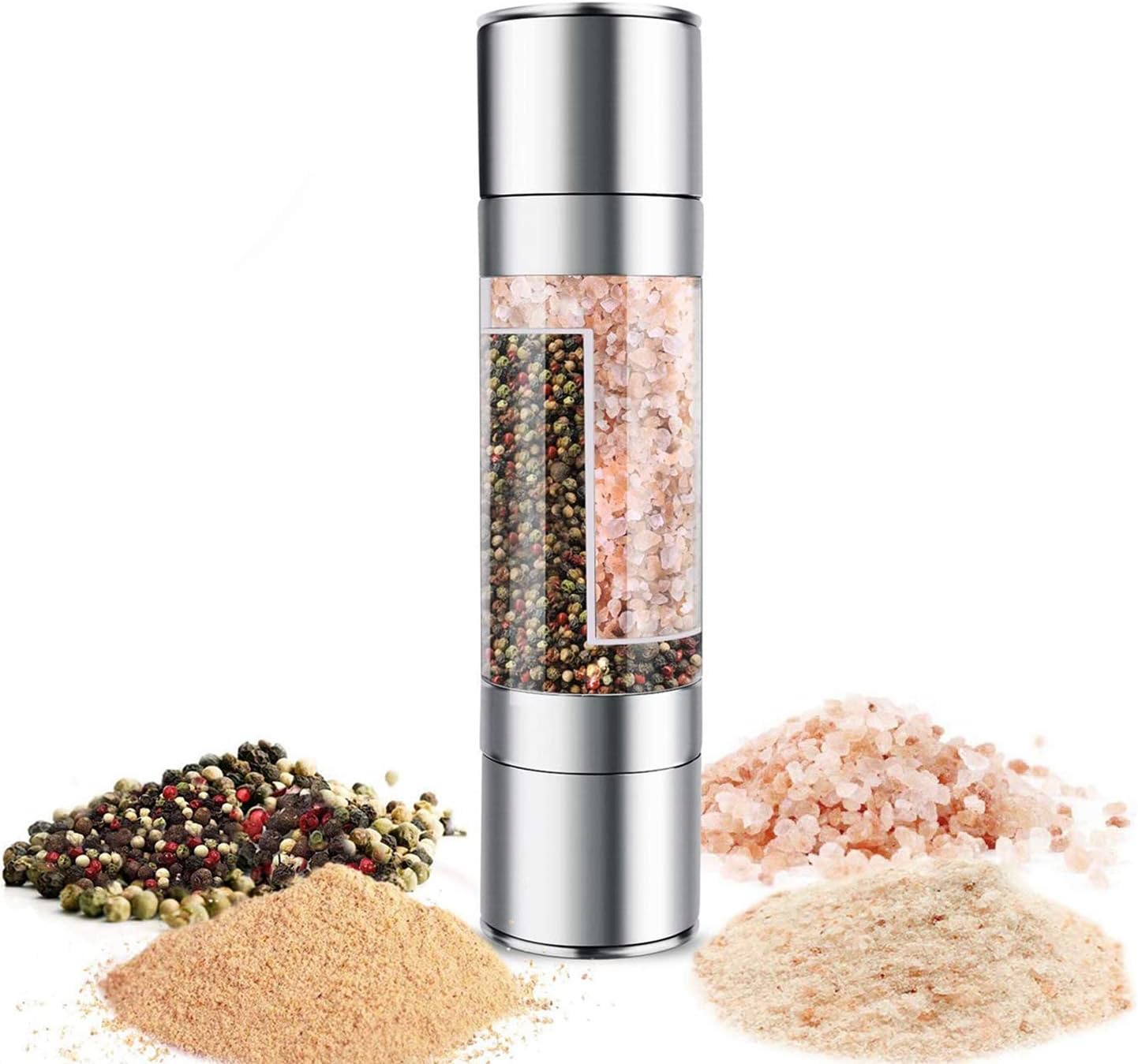 Wholesale gogosourcing Salt and Pepper mills Grinder 2 in 1 Manual Stainless Steel Salt with Adjustable Coarseness Ceramic Rotor and Dual Clear Acrylic Chamber with DDP shipping and customization