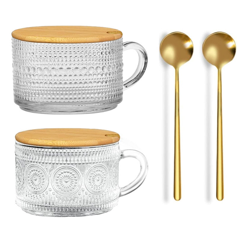 Wholesale gogosourcing Vintage Glass Coffee Mug bulk, Overnight Oats Containers with Bamboo Lid and Spoon 12Oz Set of 2 Embossed Glassware with Handle, for Cappuccino, Latte, Cereal, Yogurt, Beverage Hot/Cold with DDP shipping and customization