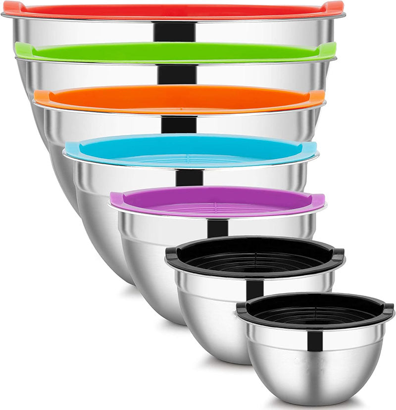 Wholesale gogosourcing Mixing Bowls Set with Colorful Lids for Kitchen, Stainless Steel Mixing Bowls Set Ideal for Baking, Prepping, Cooking and Serving Food, Nesting Metal Mixing Bowls for Space Saving Storage with DDP shipping and customization