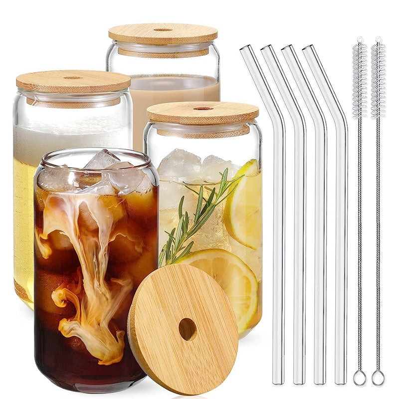 Wholesale gogosourcing Wholesale Drinking Glasses with Bamboo Lids and Glass Straw 16oz Can Shaped Cups, Beer Glasses, Iced Coffee Cute Tumbler Cup, Ideal for Cocktail, Whiskey with DDP shipping and customization