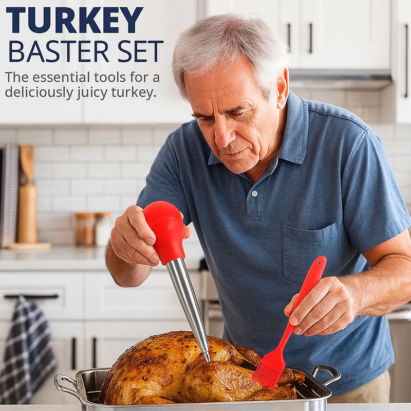 Stainless Steel Turkey Baster & Barbecue Basting Brush With 2 Flavor Injector Needles - Food Grade Syringe Baster For Cooking & Basting