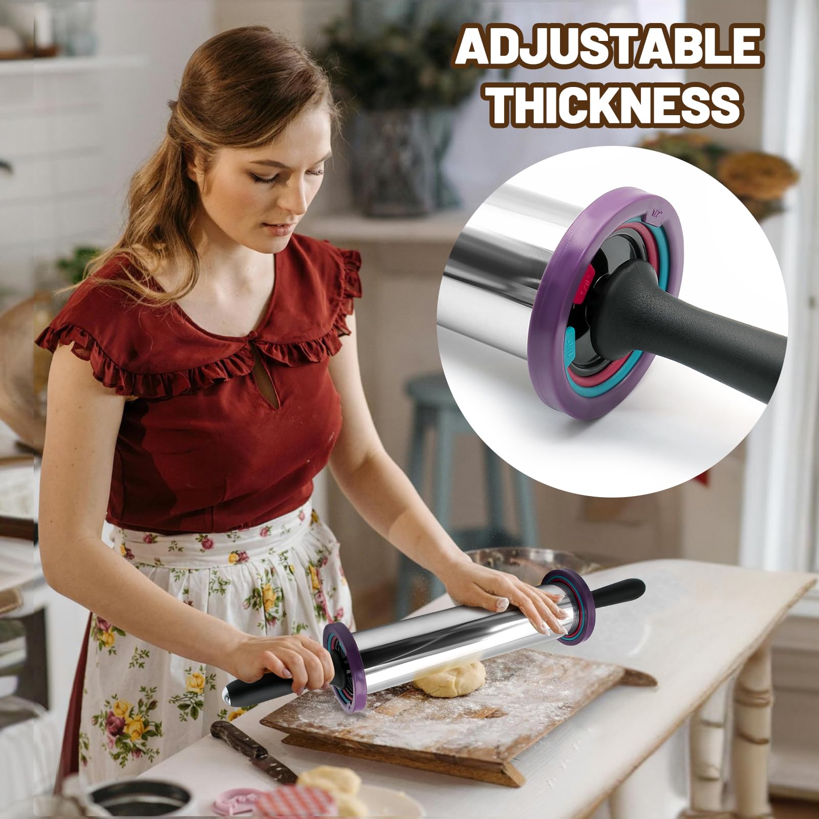 Adjustable Rolling Pin with Thickness Rings, Stainless Steel Dough Roller Baking Supplies